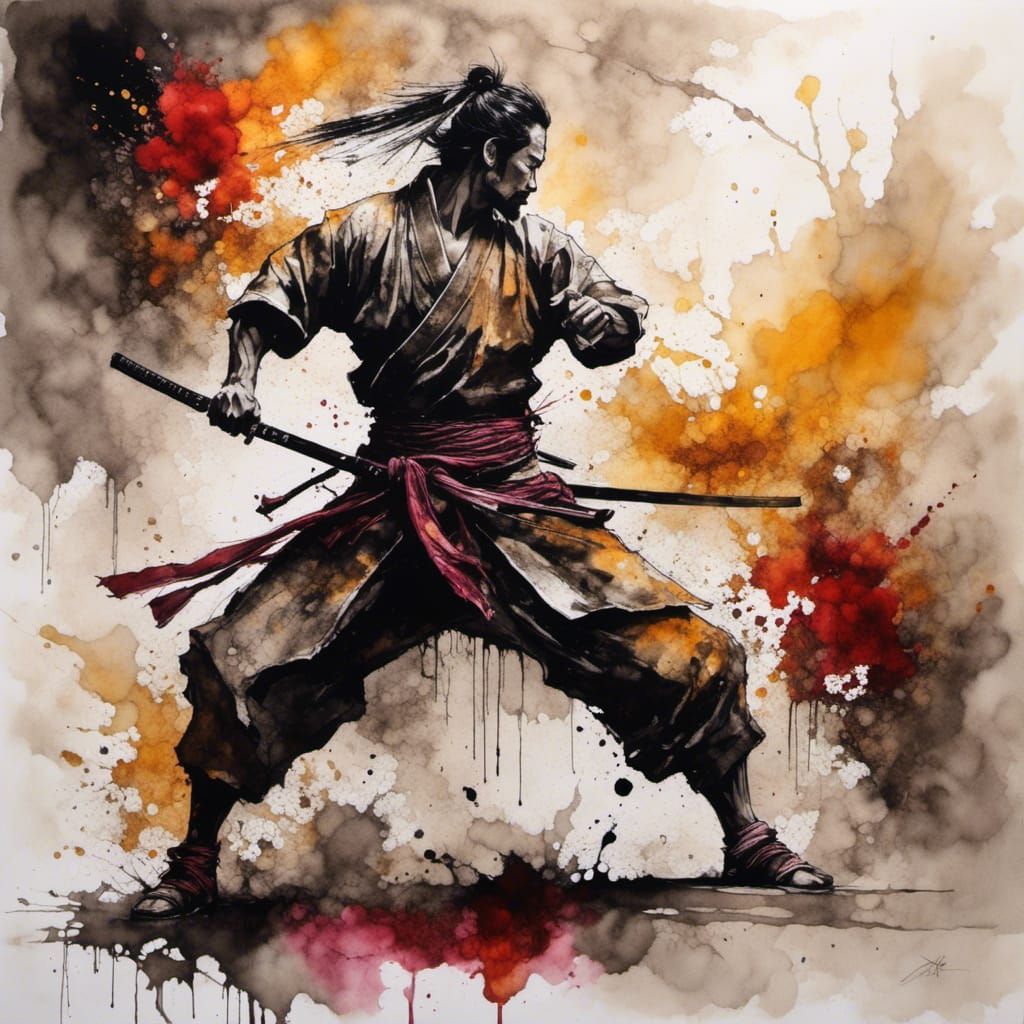 Samurai Warrior in Brush Drawing Style