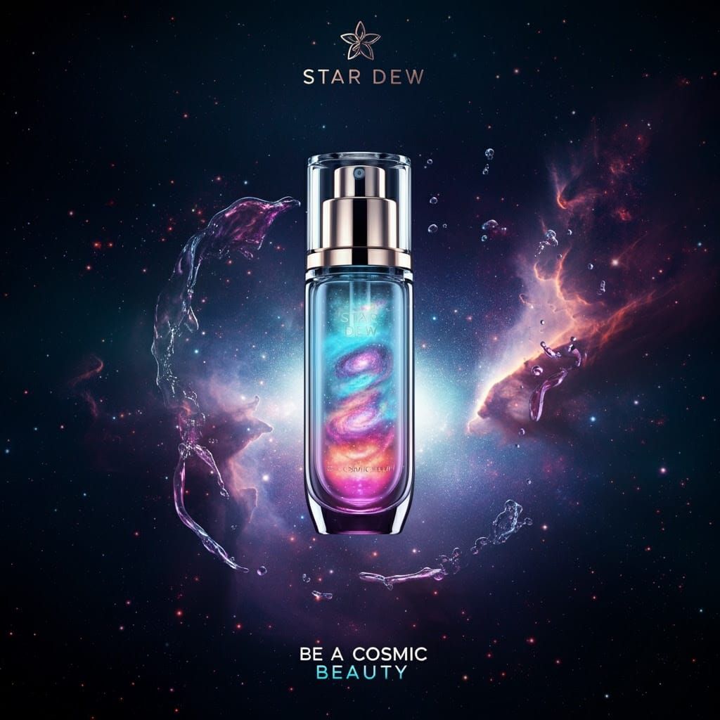 Ethereal Cosmic Beauty Serum in a Glowing Glass Bottle