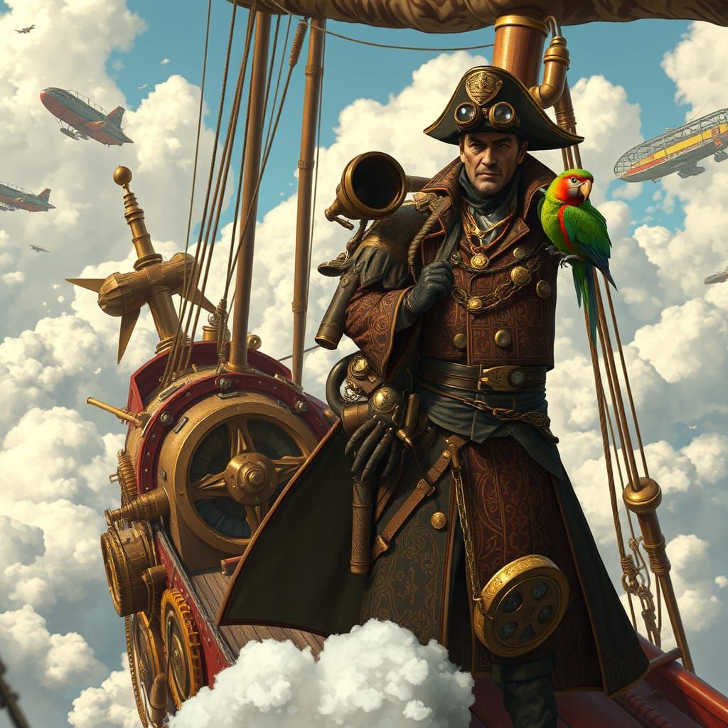 Steampunk Pirate Captain on Gear Ship in Clouds