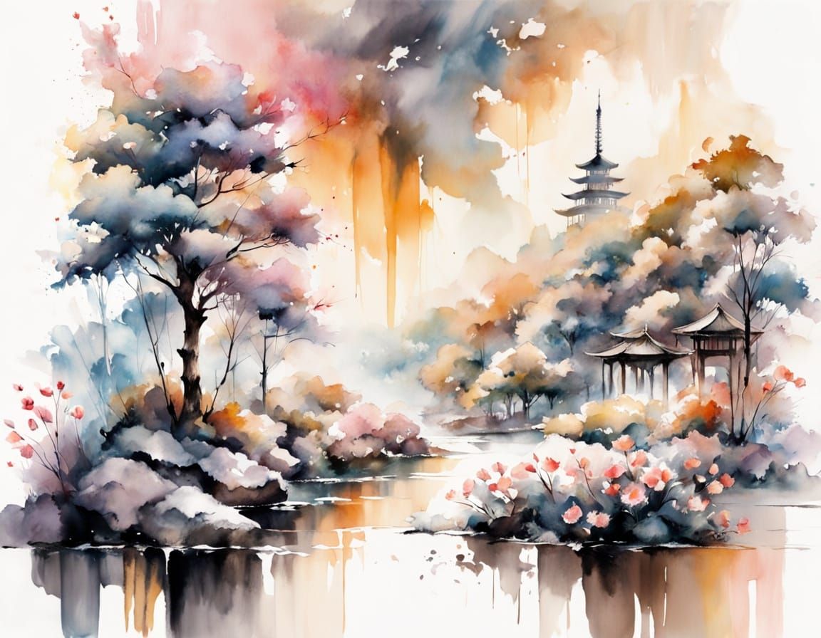 Sakura Parkland Watercolour with Pagoda and Koi Pond