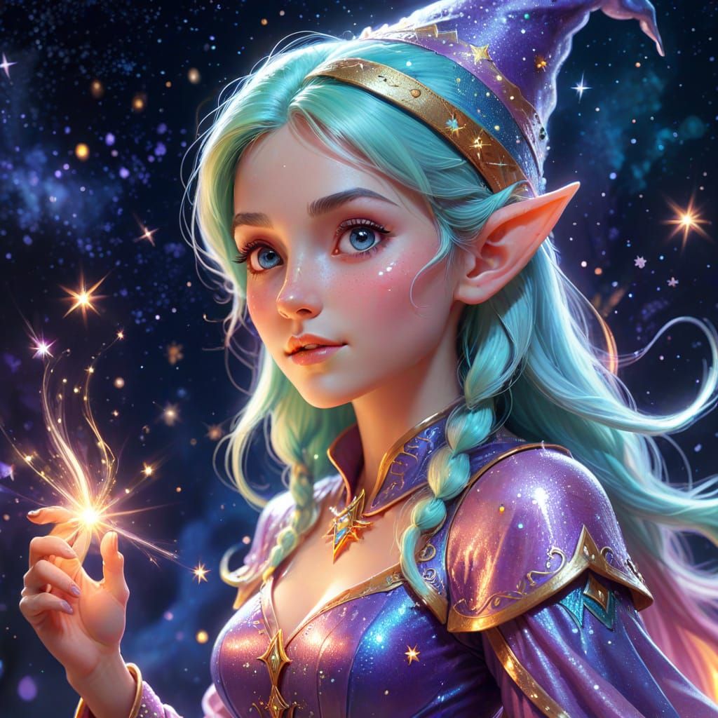 Female Elf Wizard Casting Spell in 2D Cartoon Art