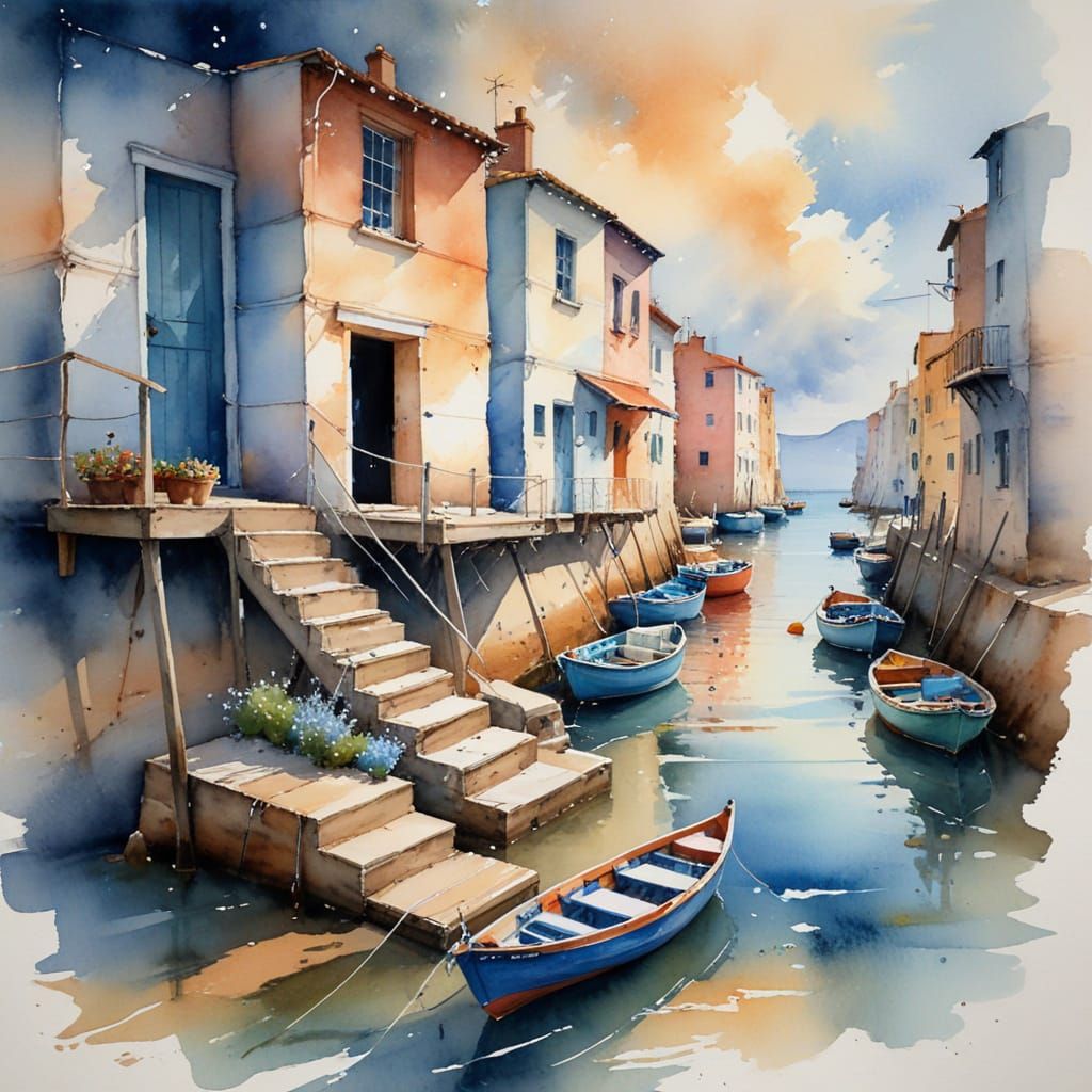 Seaside Village in Expressive Watercolor