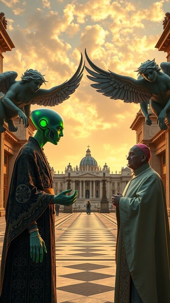 Alien and Pope Converse in Vatican: Hyper-Realistic 8K Art