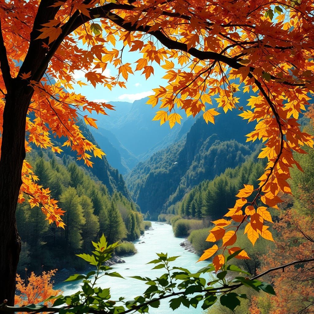 Autumn Mountain Waterfall of Leaves Over Green Valley