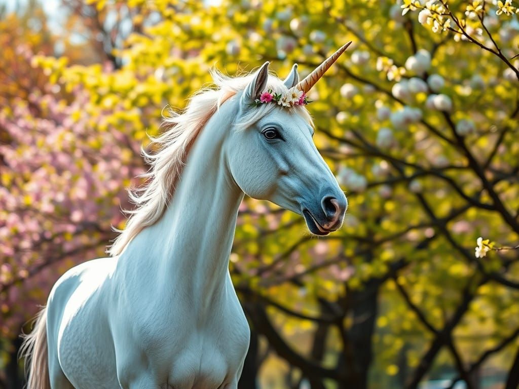 Majestic Unicorn in Vibrant Spring Landscape