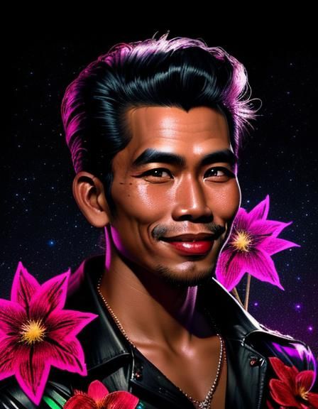 Amused Rockabilly Man: Scratchboard Portrait with Flowers