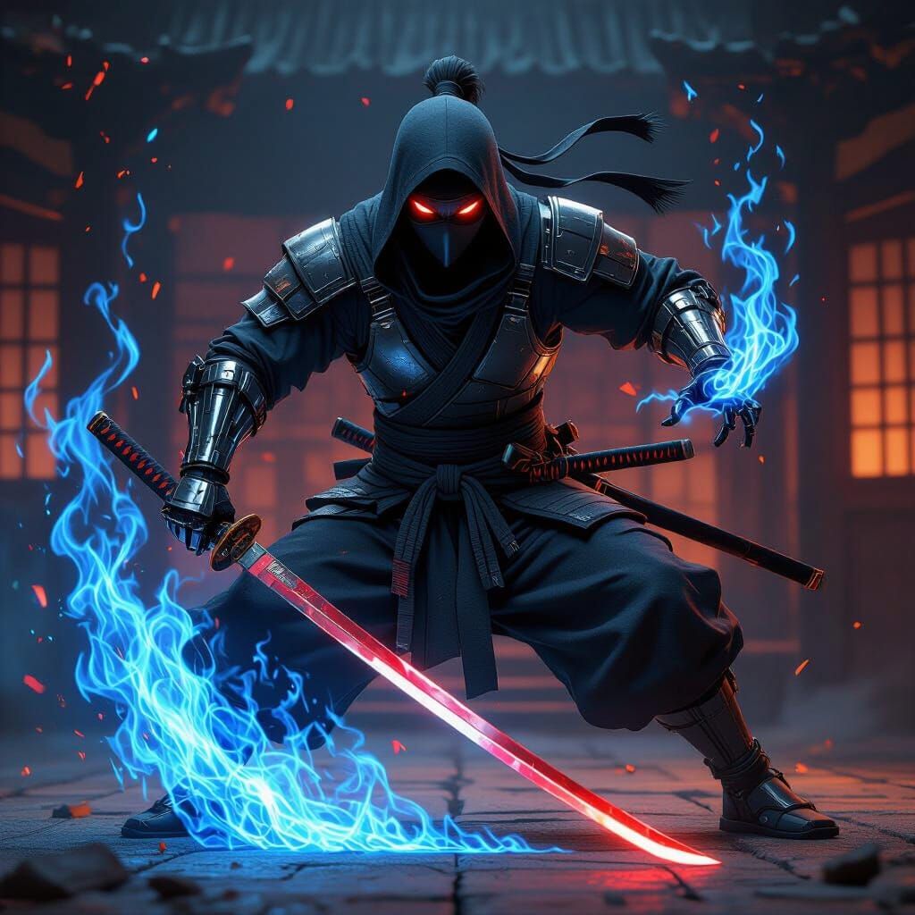 Ninja Warrior with Mechanical Arm and Blue Flames