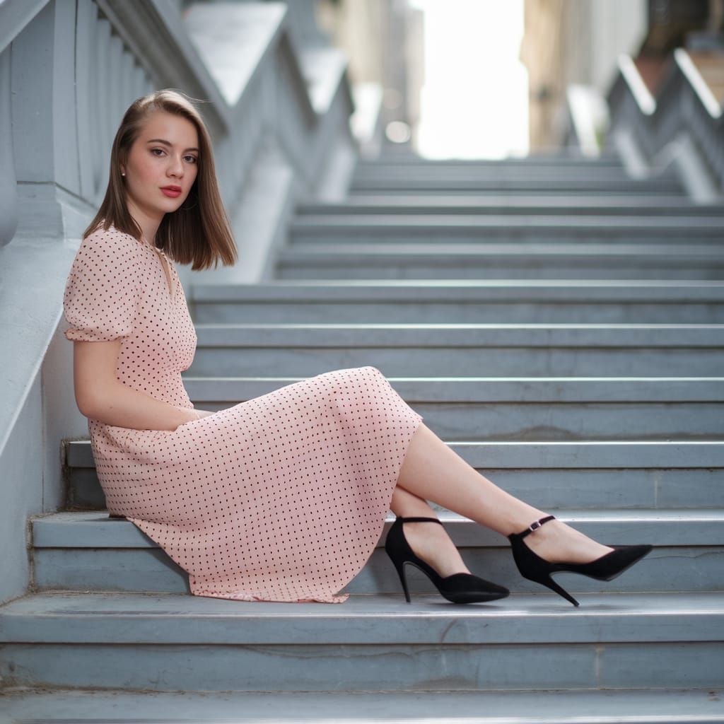 Young Woman on Stone Stairs in Elegant Urban Setting