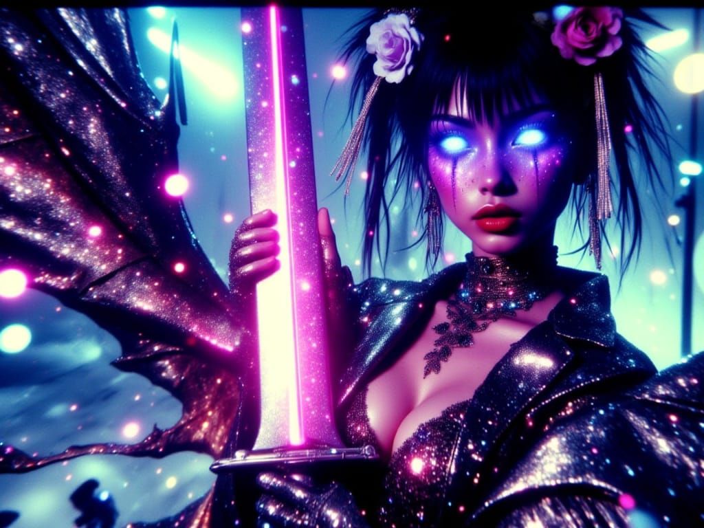 Futuristic Japanese Geisha in Chrome Metallic with Glowing N...