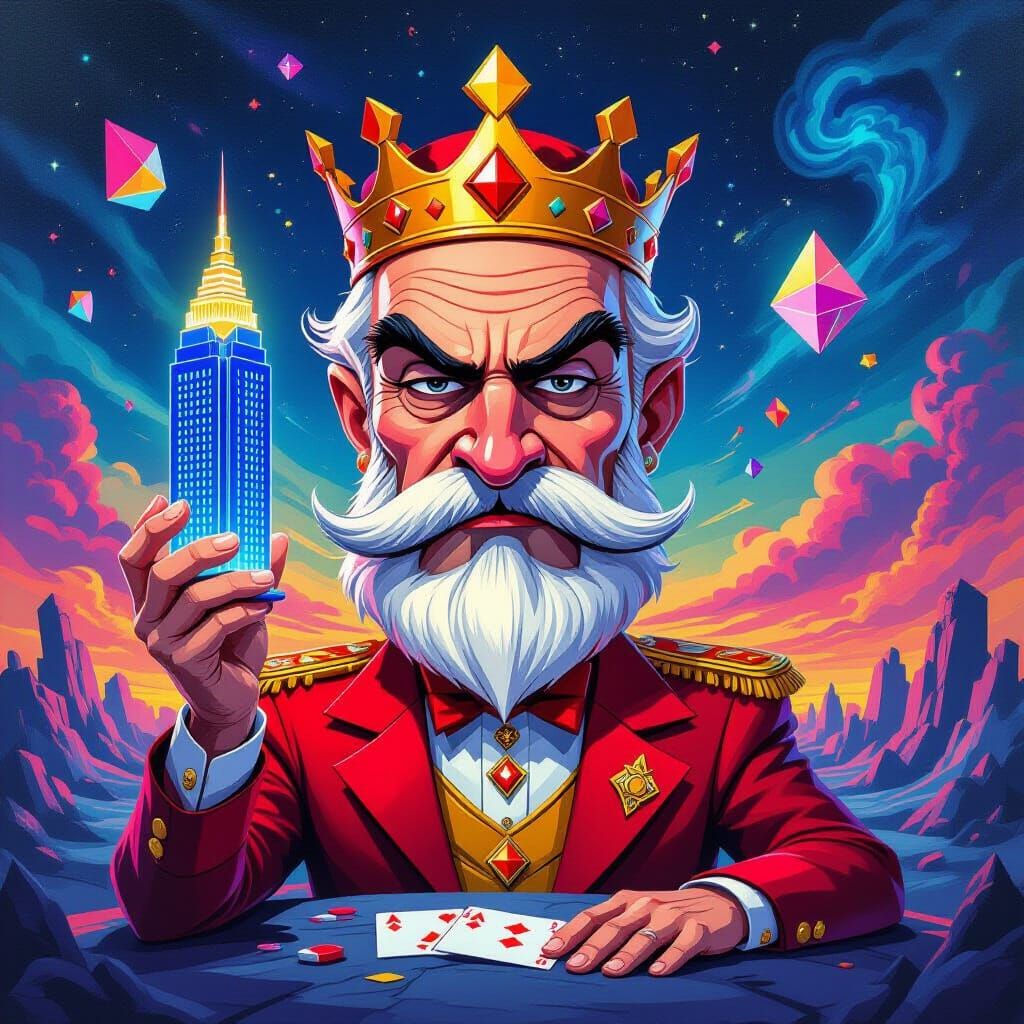King of Diamonds Caricature in Surreal Sci-Fi Landscape