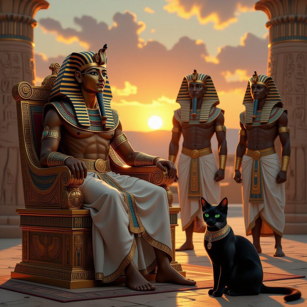 Pharaoh on Golden Throne with Sphinx and Priests, Fantasy Co...
