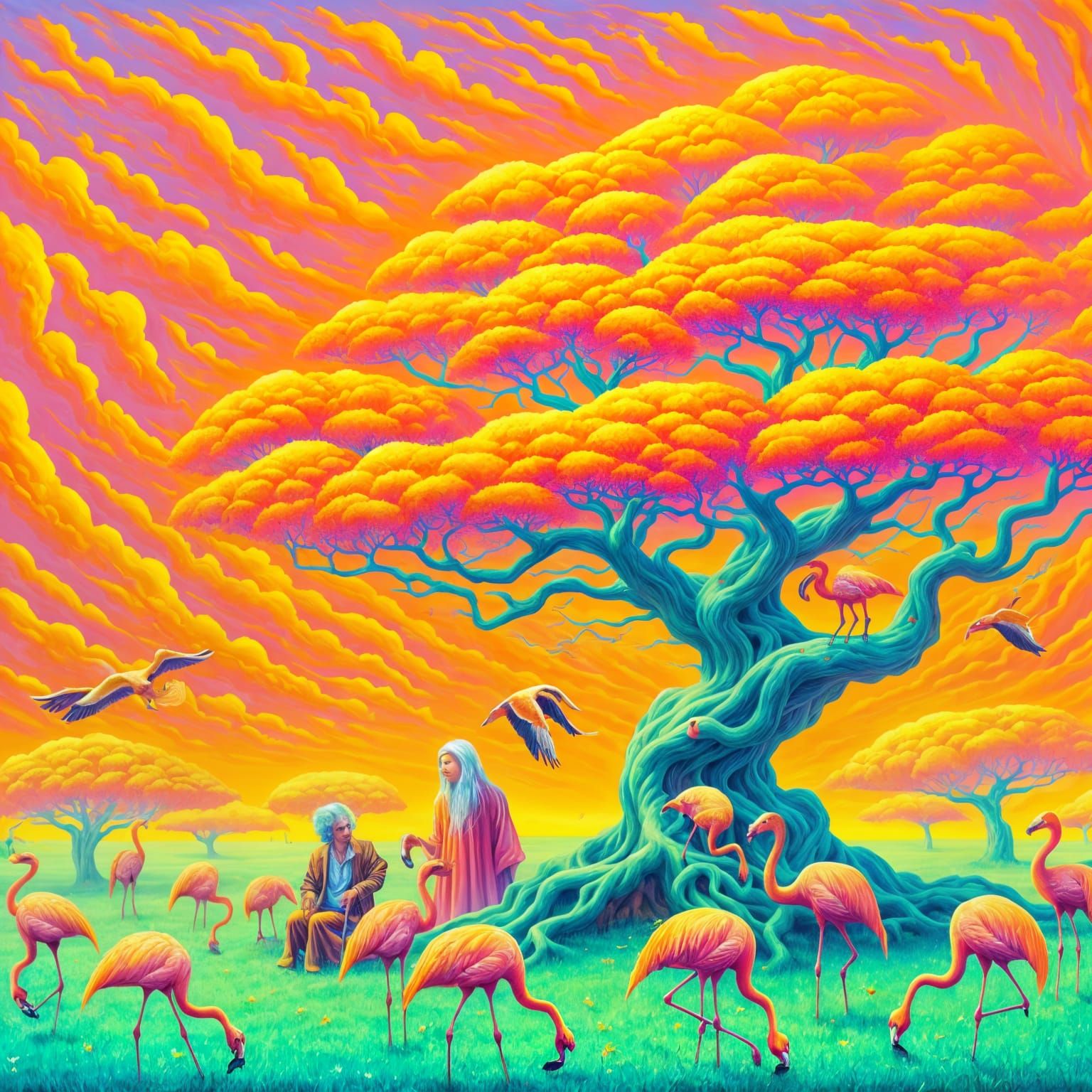 Electric Orange Tree with Flamingos in Surreal Landscape