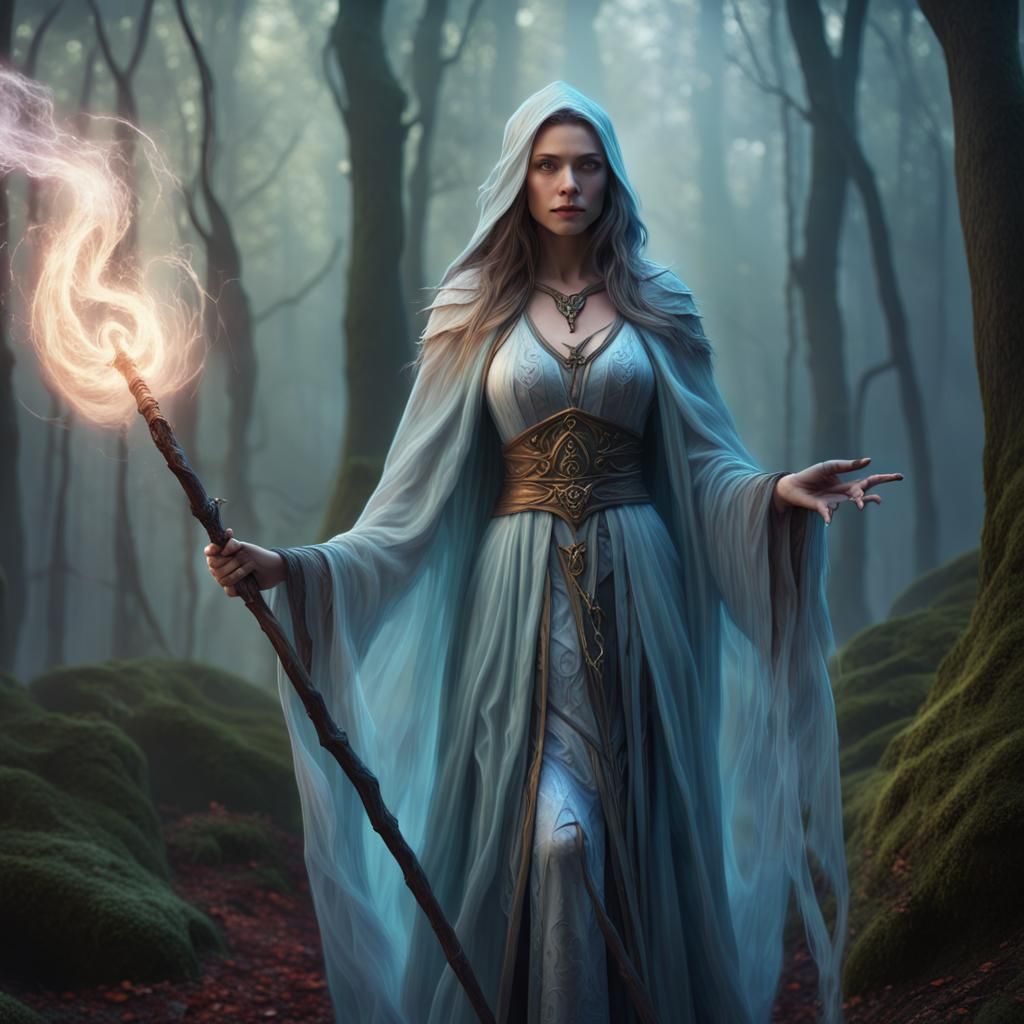 Regal Sorceress in Mystical Forest, Vivid Fantasy Art