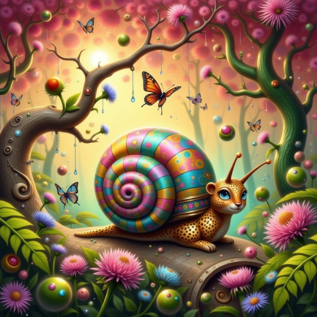 Whimsical Cheetah-Snail Strolls Through Enchanted Forest