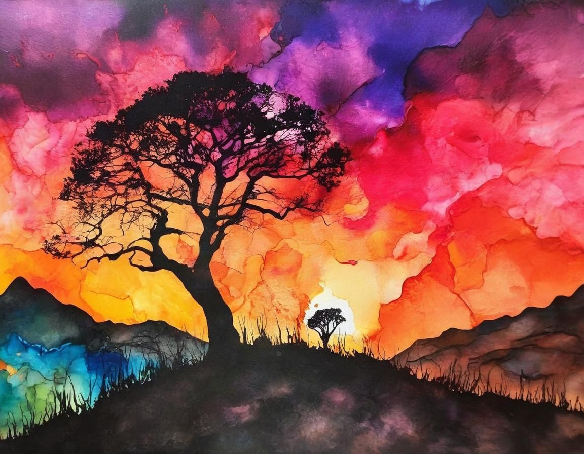 Colorful Alcohol Ink Silhouette Sunset Hill
