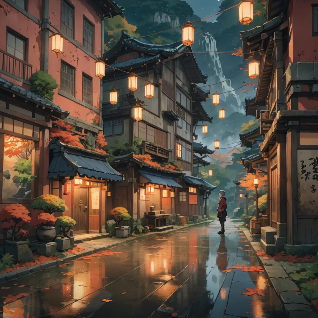 Anime Character at Mountain Shrine in Ghibli Style