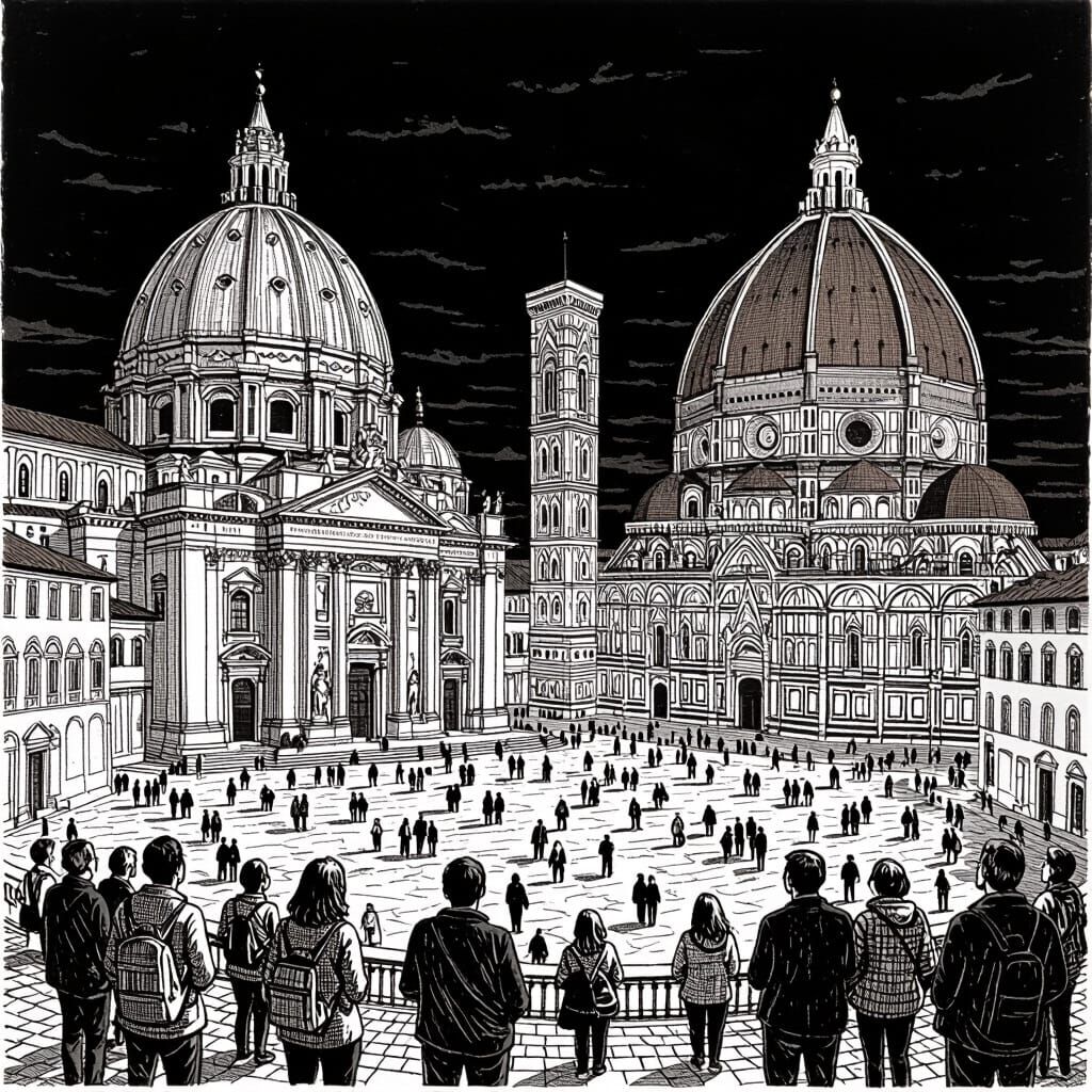 Cathedrals in Pen and Ink Cityscape