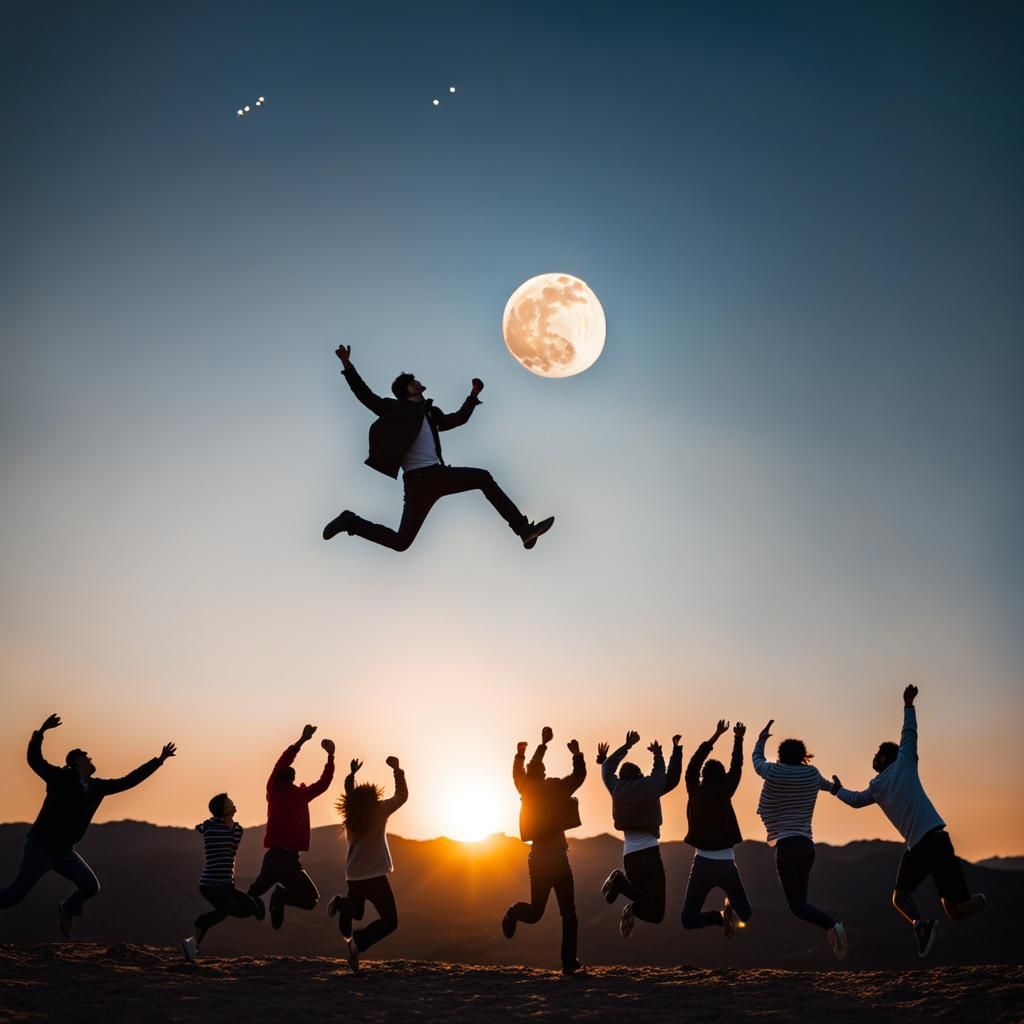 Man Jumps on Moon with Friends: Professional Photo