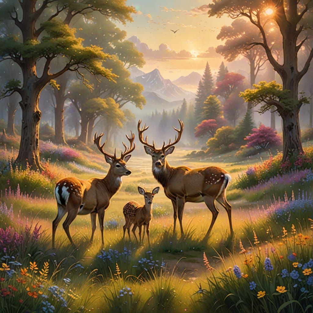 Deer and Antelope in Meadow at Golden Hour