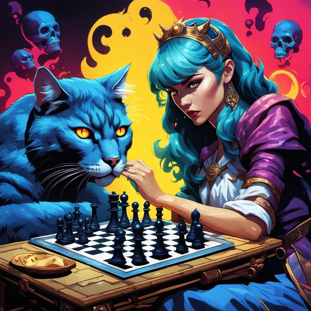 Comic Book Woman Playing Chess with Death