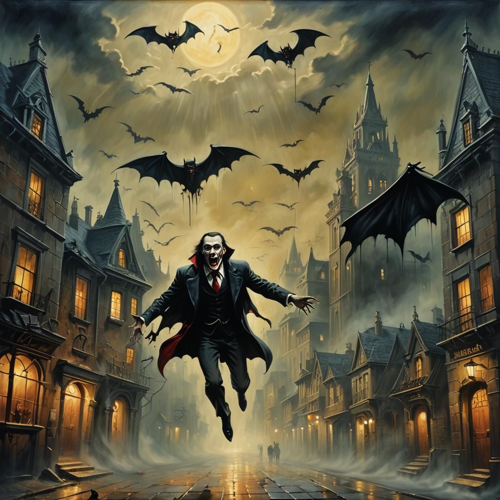 Vampire Rises in Haunted Town as Surreal Oil Painting