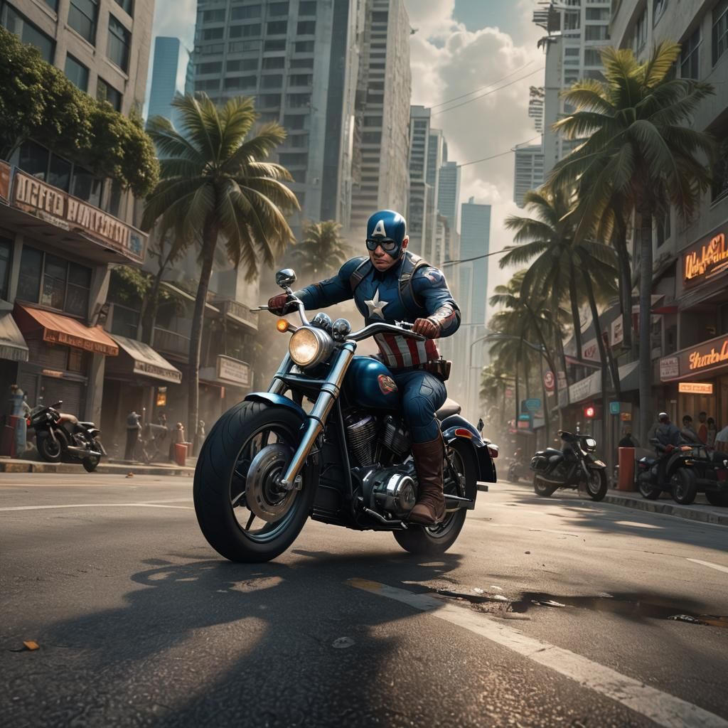 Captain America Rides Harley in Miami: Detailed Matte Painti...