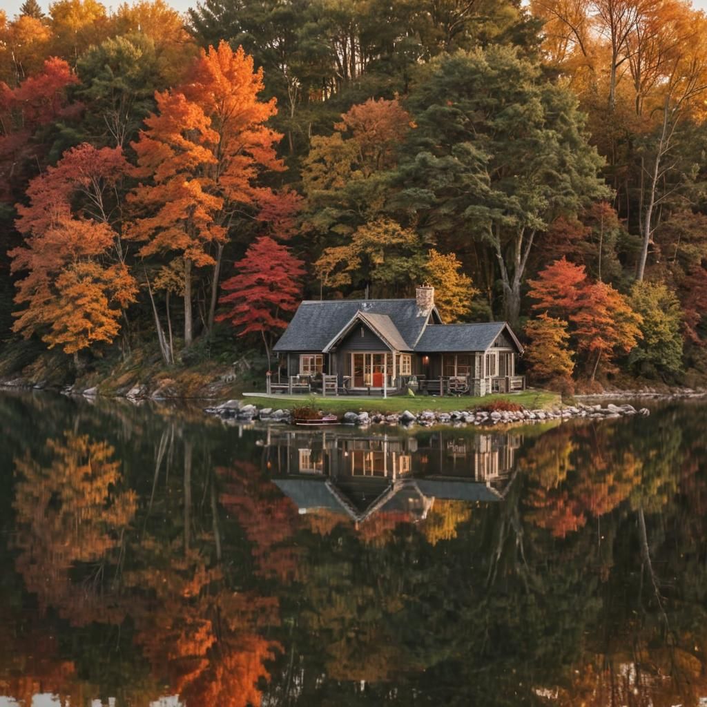 Autumn Cottage by Lake: Hyperrealistic Sunset Landscape
