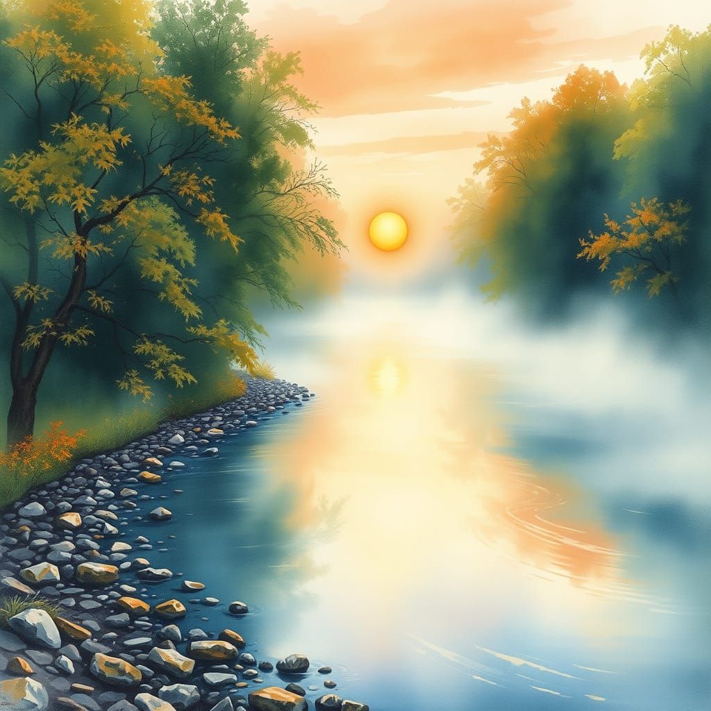 Serene Watercolor Sunset Along a Winding River