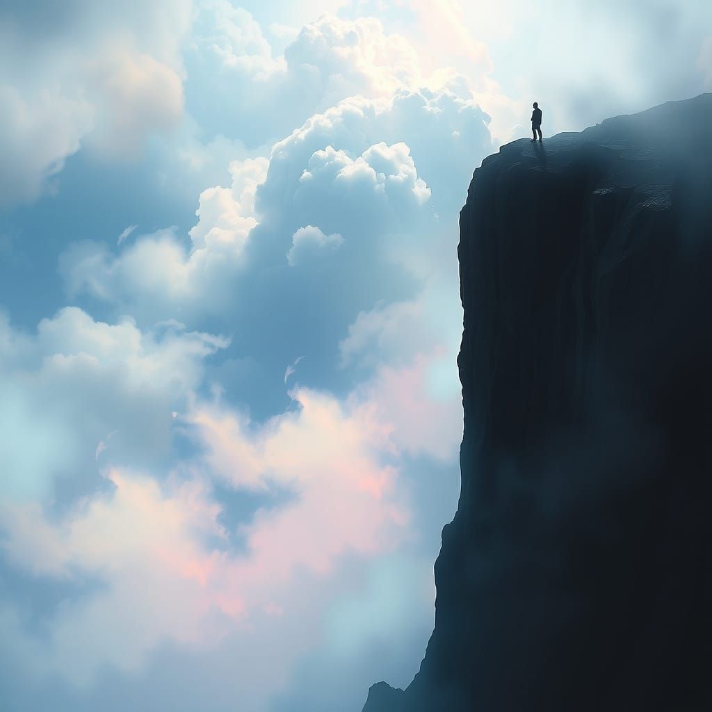 Dreamlike Figure Standing at Cliff's Edge in Surreal Landsca...
