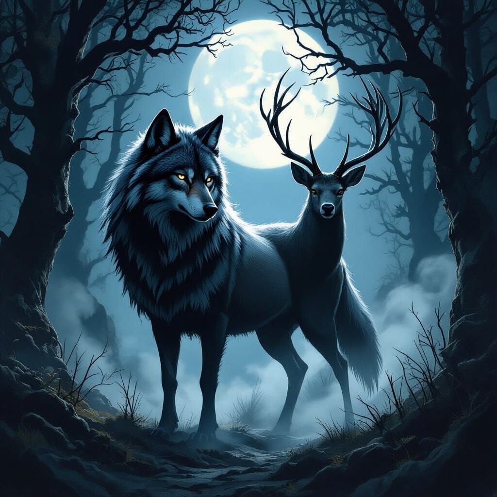 Majestic Wolf-Deer Chimera in Moonlit Forest