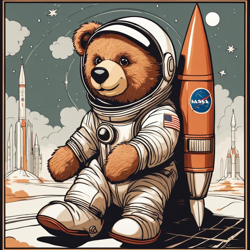 Teddy Bear Astronaut Launching into Space: Art Deco