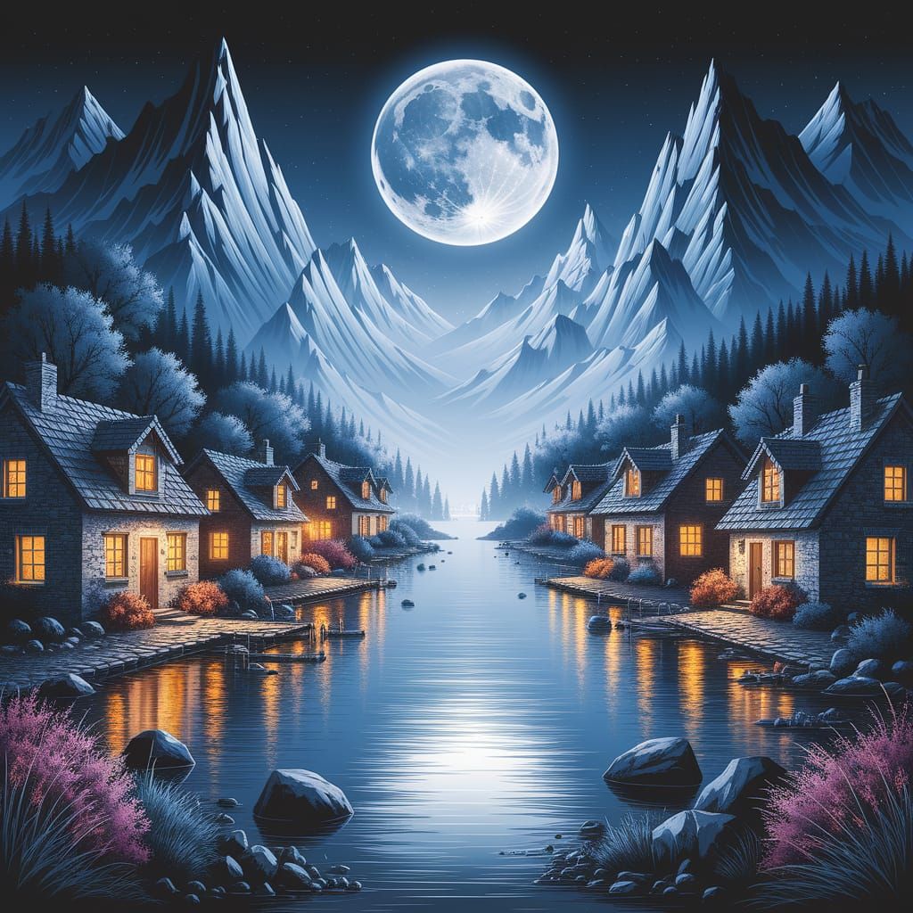 Moonlit Village in Mountains: Dreamy Painterly Landscape