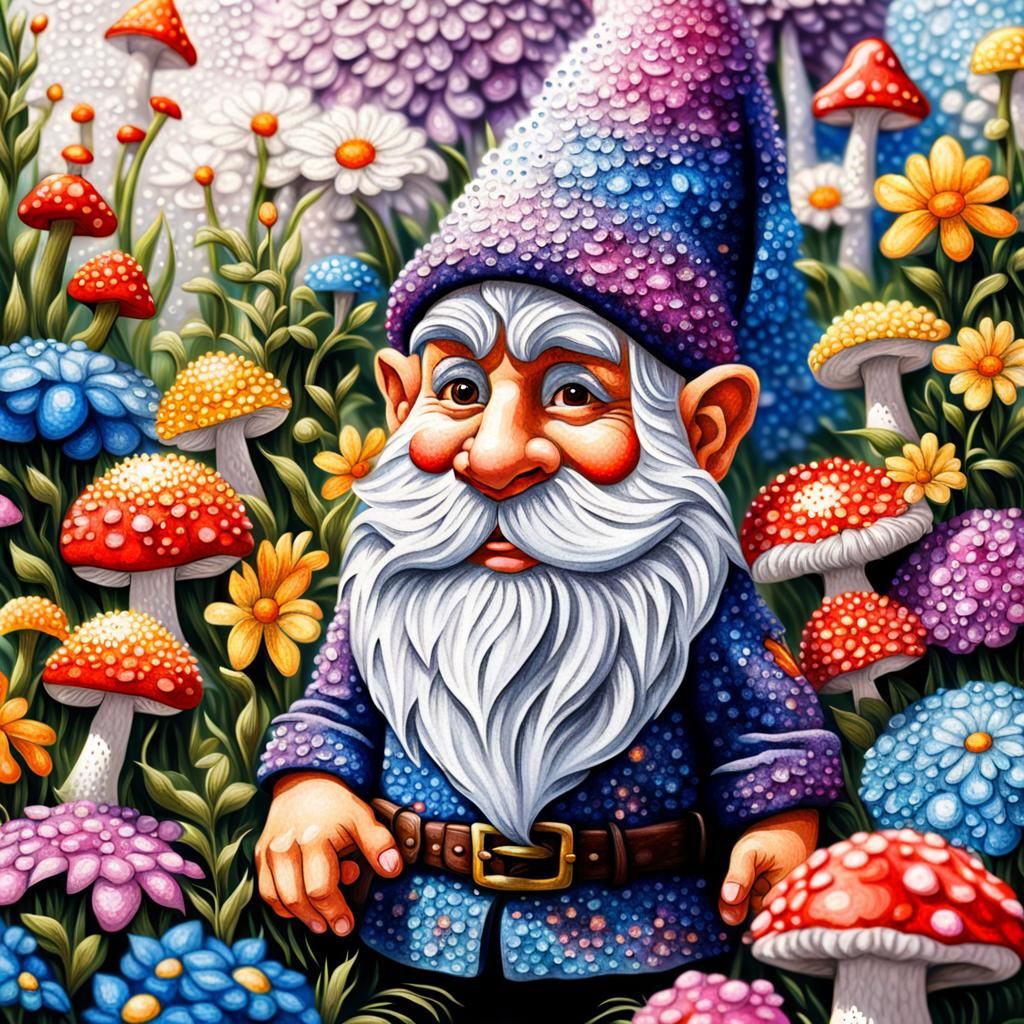 Gnome in Pointillism Style with Flowers