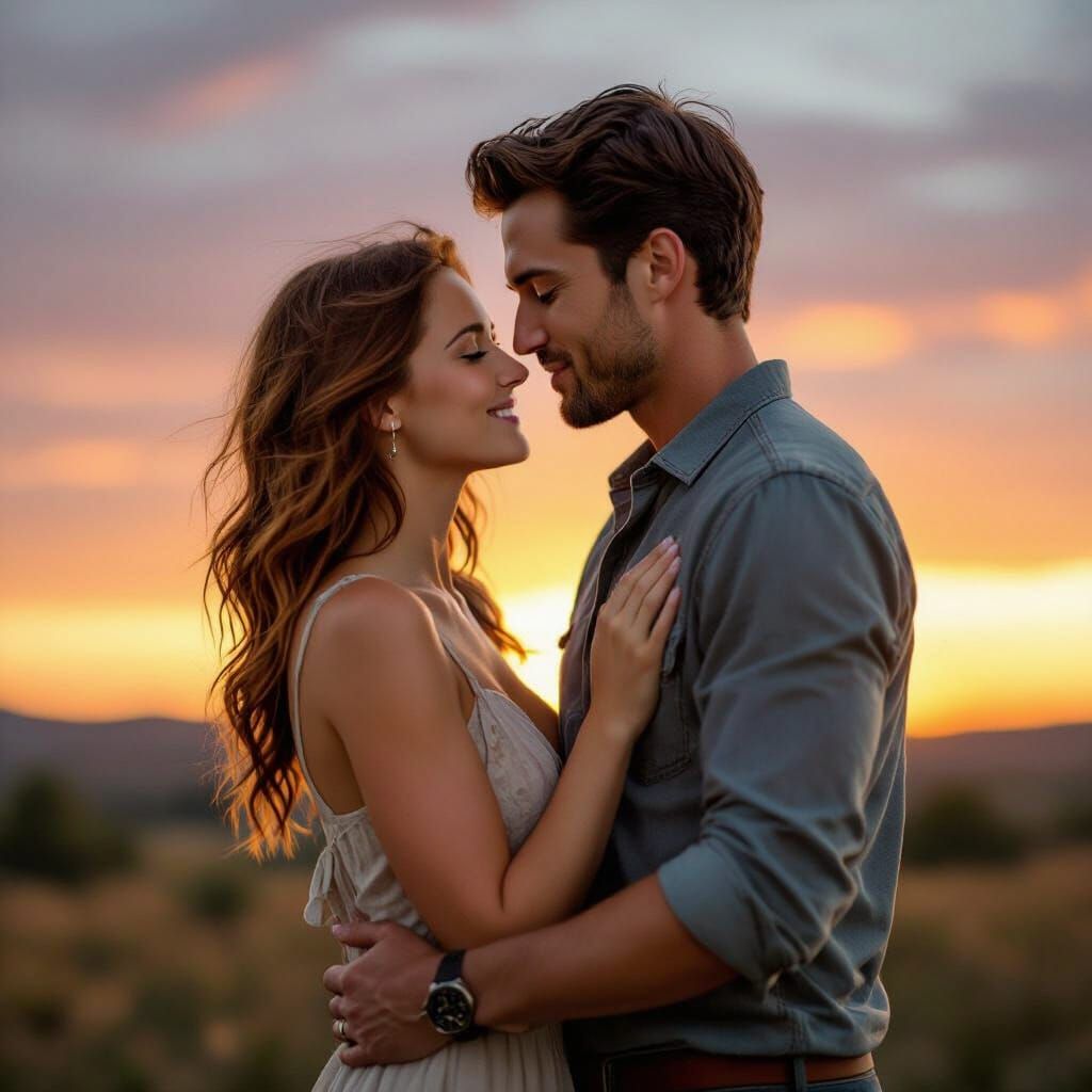 Romantic Sunset Kiss Between Couple