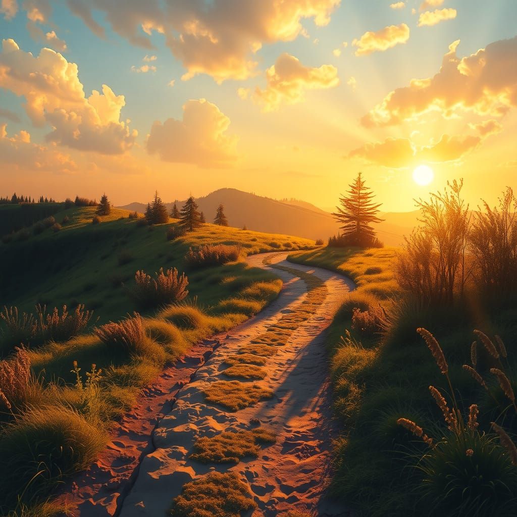 Golden Path Serene Landscape in Romanticism Style