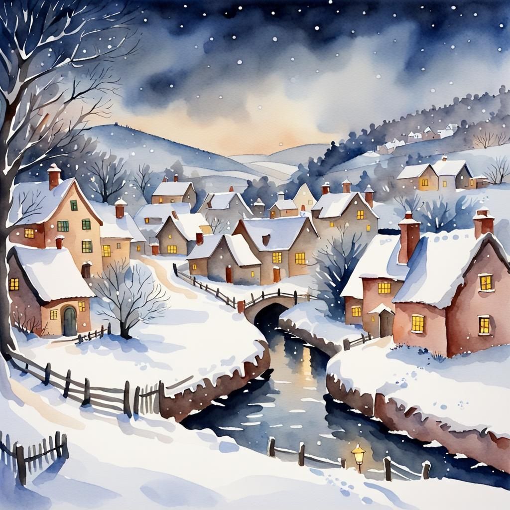 Snowy Village Scene at Dusk in Watercolor