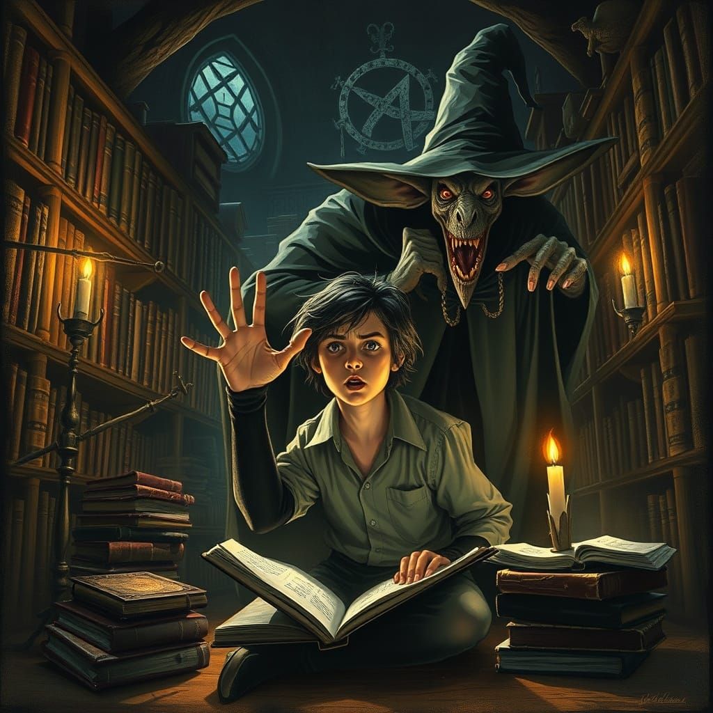 Witch and Familiar Menace Student in Ancient Library