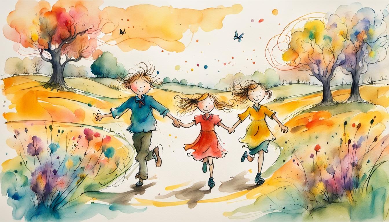 Whimsical Crayon Drawing of Children Running with Dog