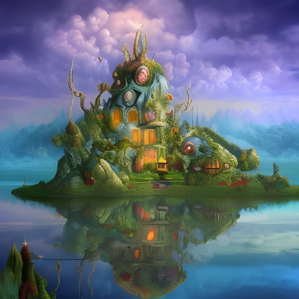 Surrealist Fantasy House on Lake with Whimsical Clouds
