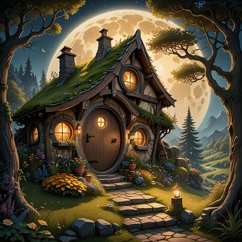 Enchanting Hobbit Home Bathed in Ethereal Moonlight