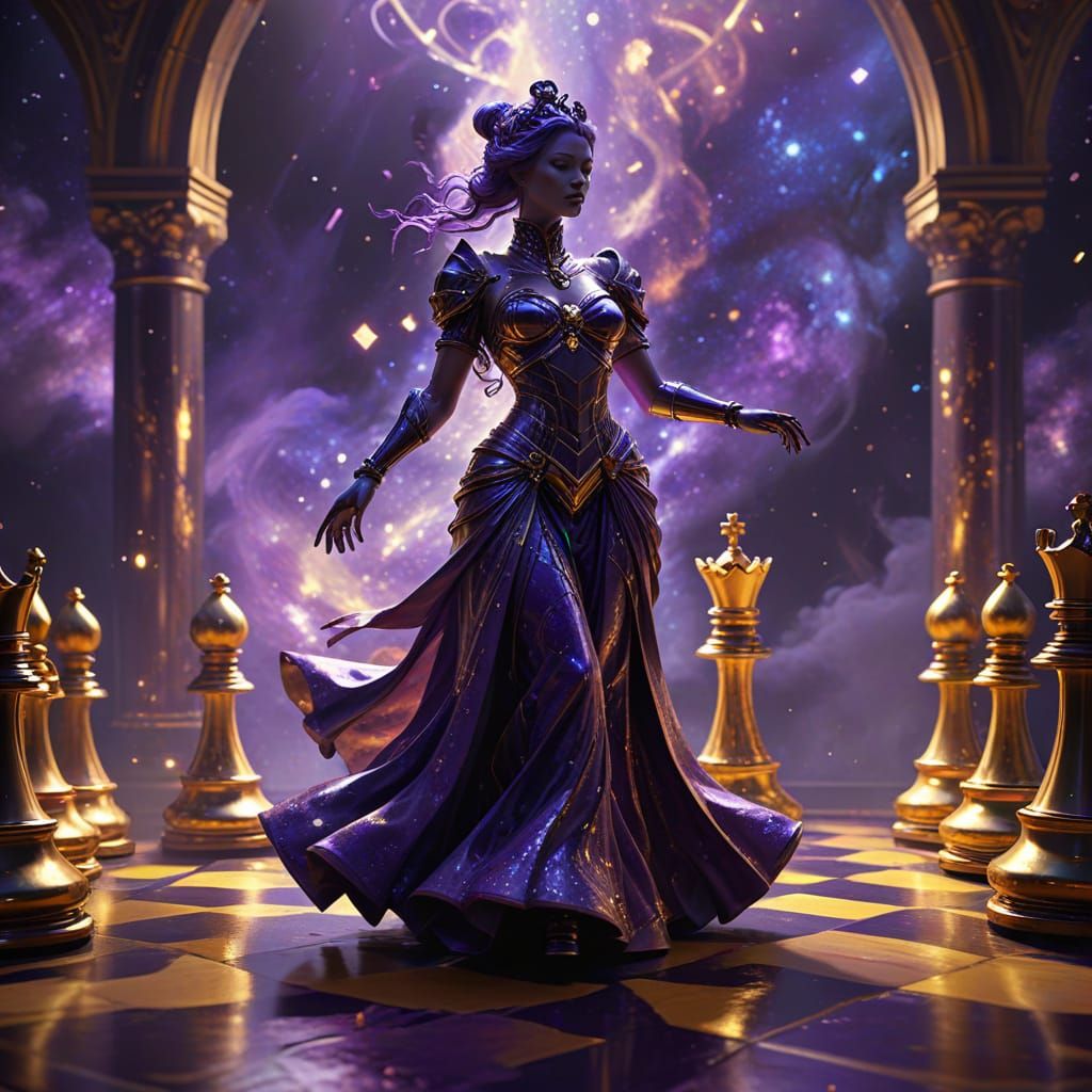 Anthropomorphic Chess Pieces Dancing on Cosmic Board