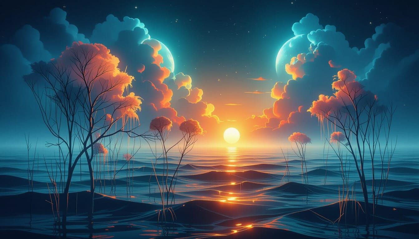 Tranquil Sea at Dusk: Sunset to Moonrise