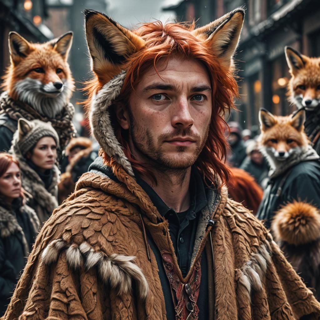 Fox-Eared Man in Fur Poncho: Hyperrealistic Detail