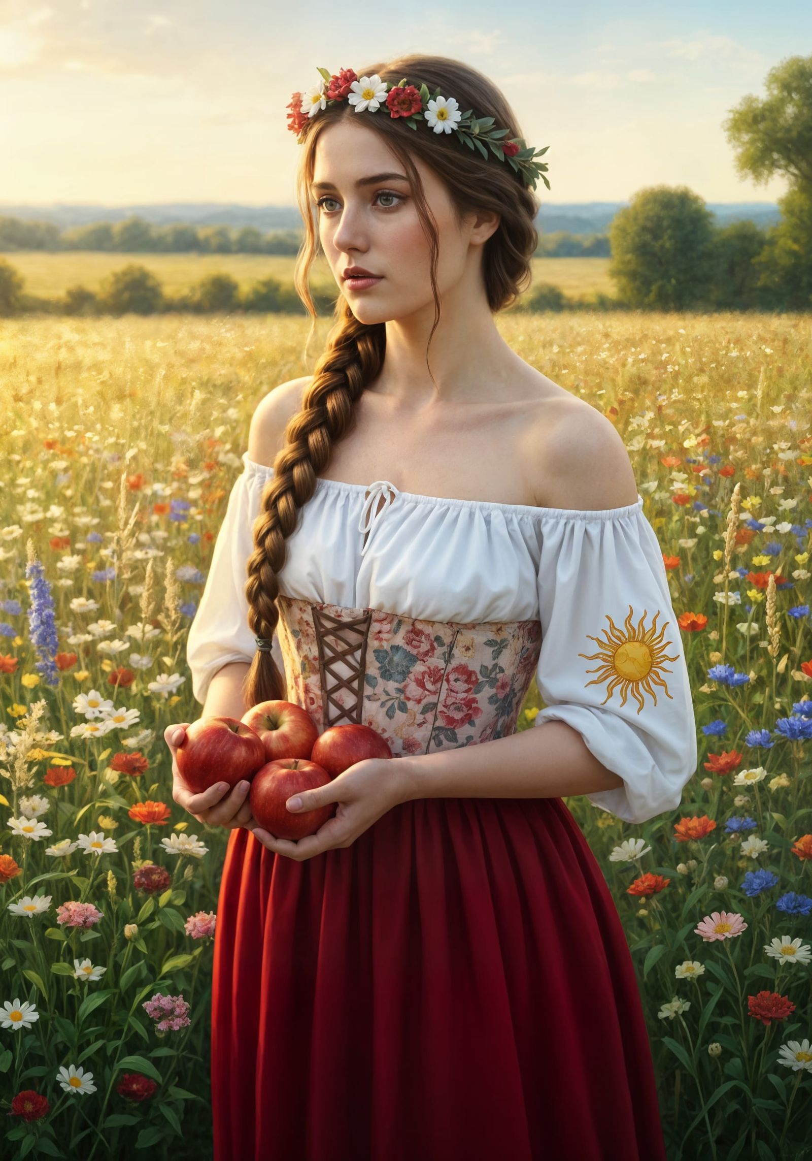 Young Woman in Wildflower Field, Classical Oil Painting Styl...