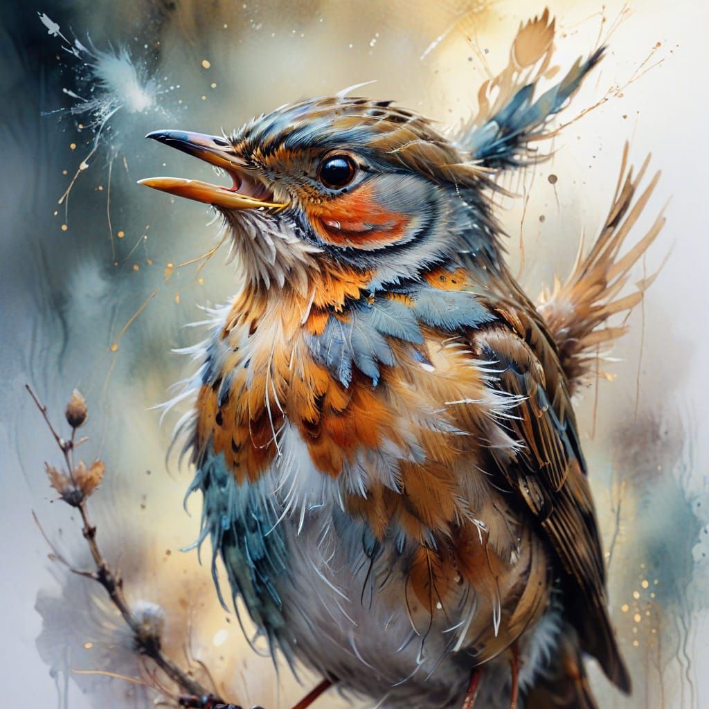 Robin Singing in Cold Air: Whimsical Watercolour Portrait