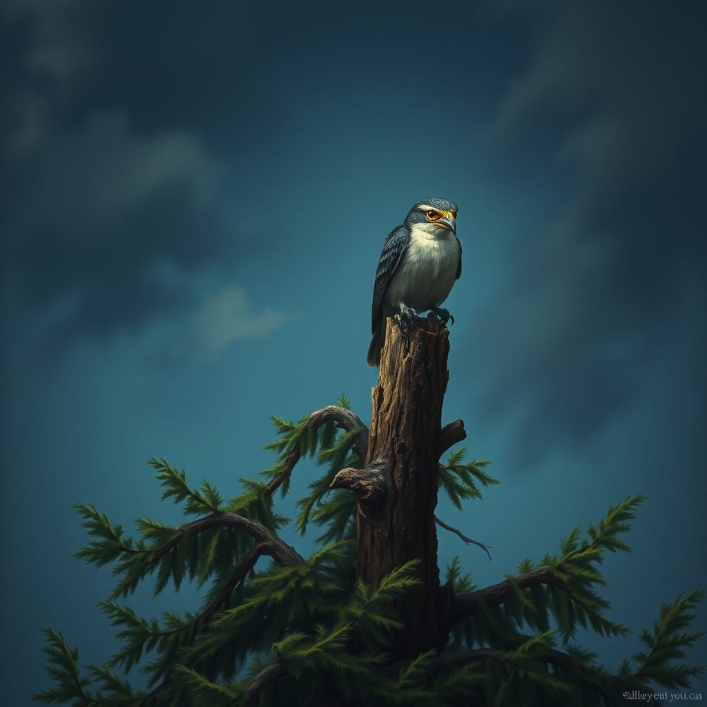 Bird in Tree, Detailed Rendering with Atmospheric Lighting