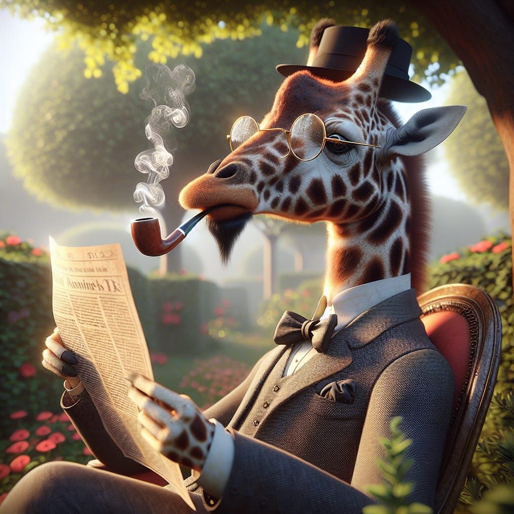 Giraffe Gentleman Reading Newspaper in Garden