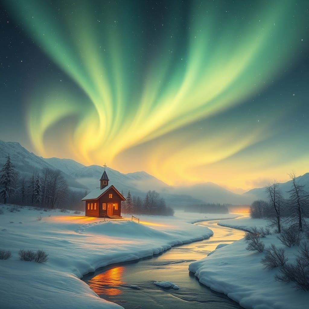 Angelic Aurora Over Snowy Valley with Glowing Church