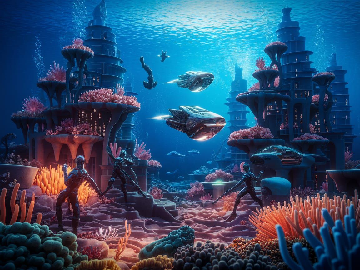 Underwater City at Twilight in Futuristic 3D Render