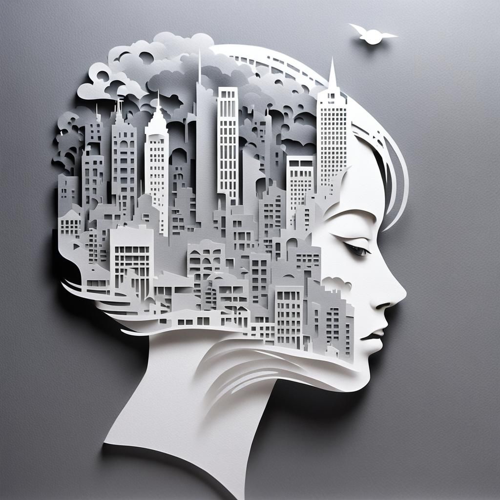 Surreal Papercut Portrait with Cityscape Silhouette